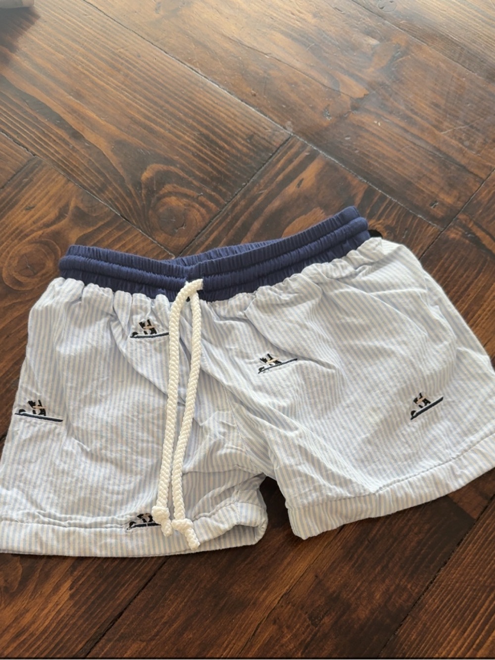 Kids Light Blue Stripe Swim Trunks with Navy Waistband